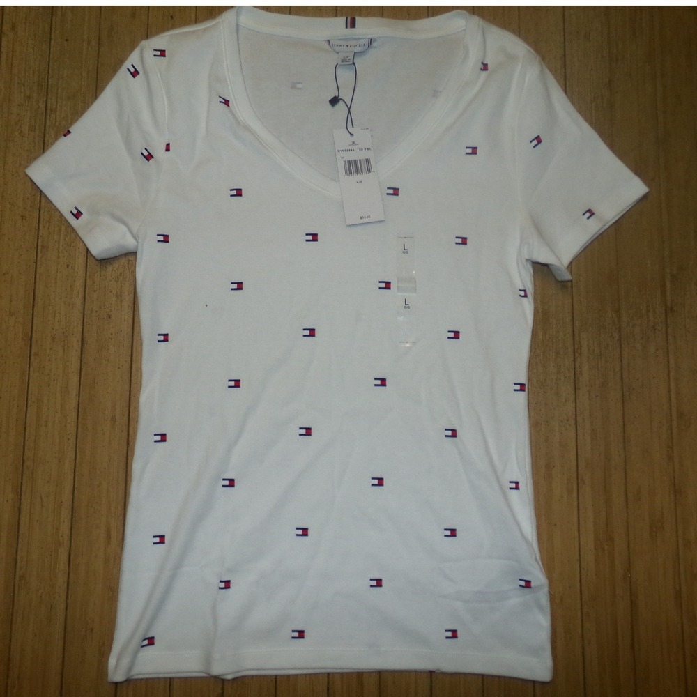 Tommy Hilfiger Womens SZ LRG V-Neck T-Shirt White Flag Logos
